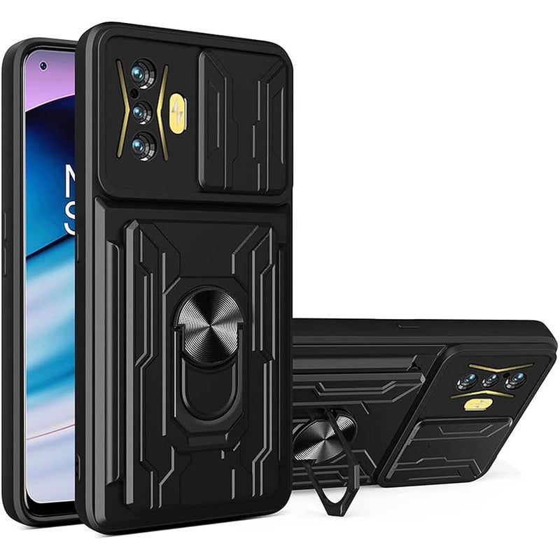 for Xiaomi Poco F4 GT Case with Card Holder, Heavy Duty Protection Phone Case with Magnetic Ring Kickstand Slide Camera Cover for Xiaomi Poco F4 GT/Redmi K50 Gaming LJK Black - Image 1